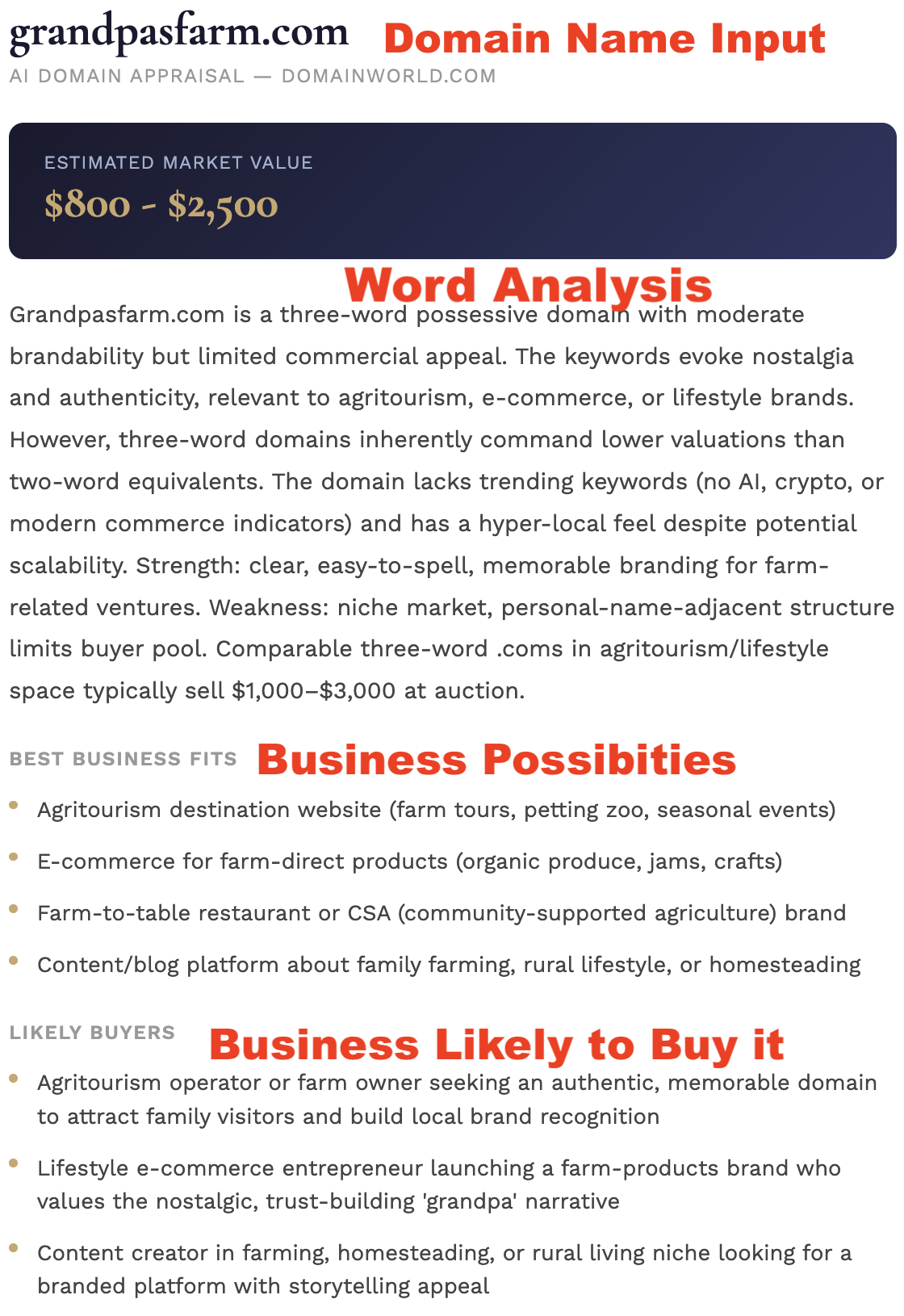 DomainWorld AI domain appraisal tool and results