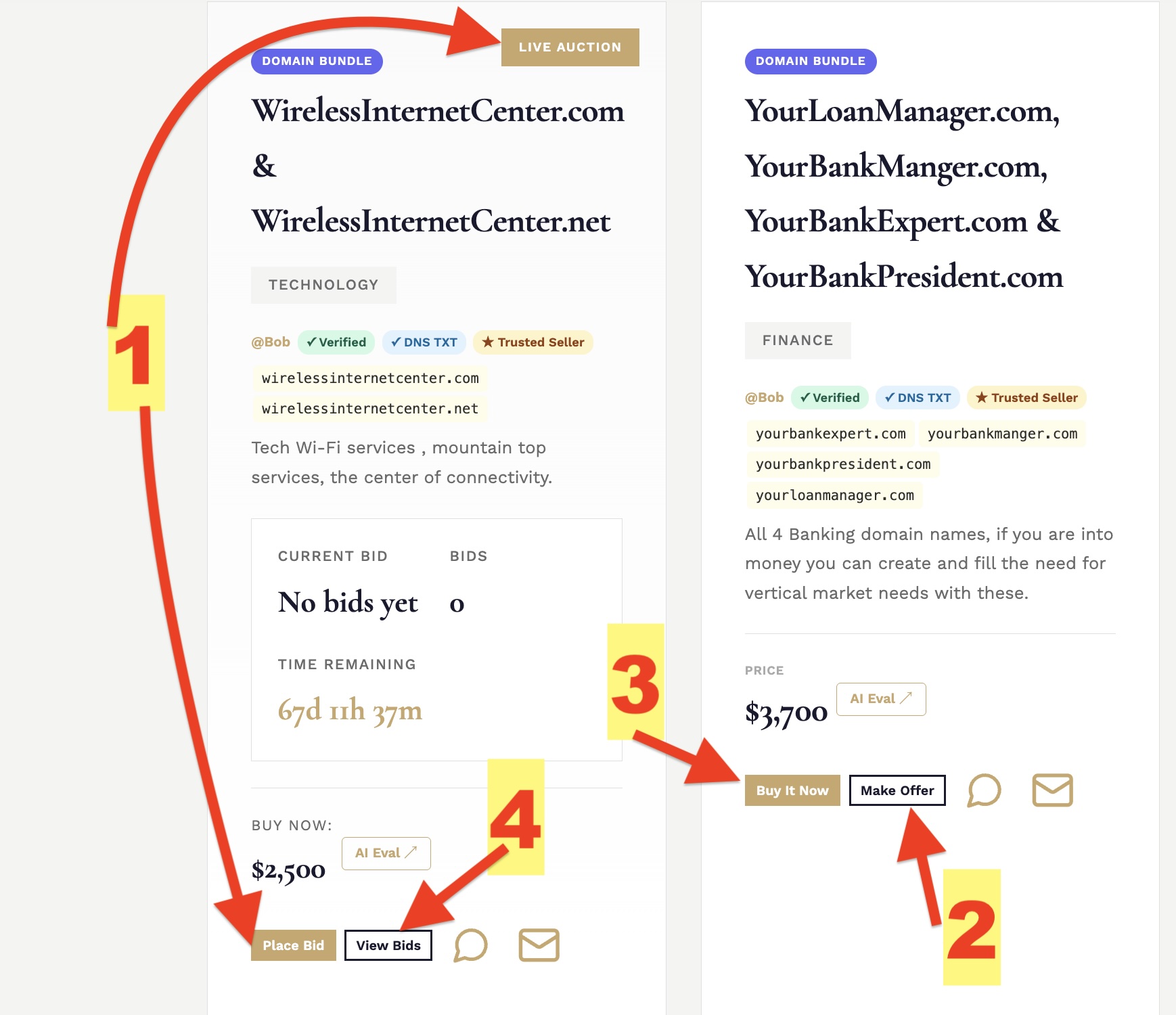 DomainWorld domain card showing bid and offer buttons