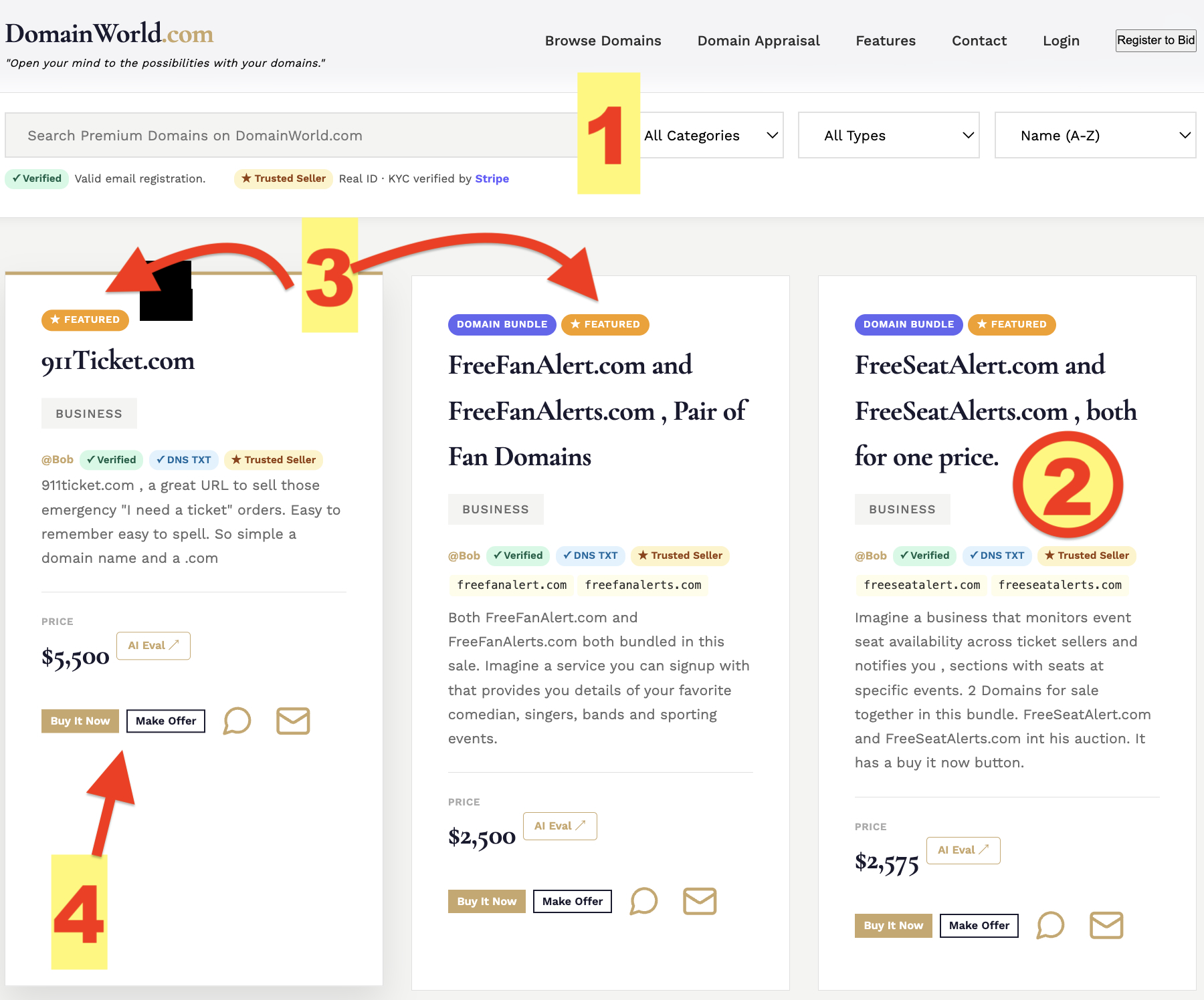 DomainWorld homepage — domain grid with filter bar