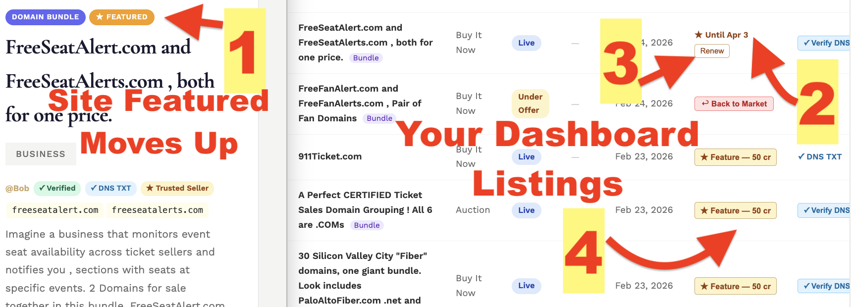 DomainWorld featured listing at top of grid with star badge