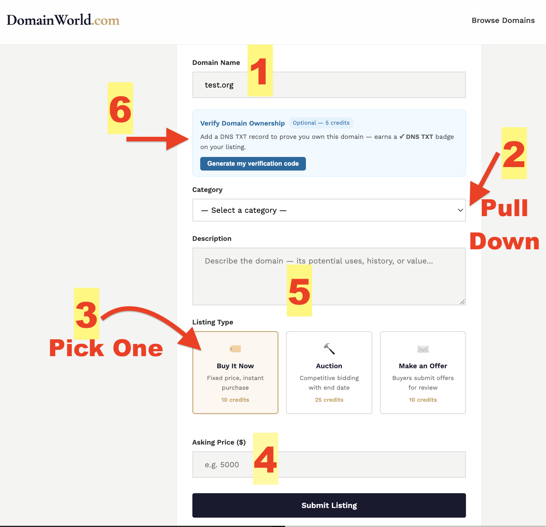 DomainWorld post a domain listing form