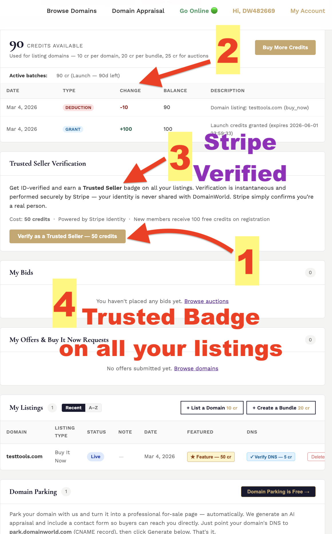 DomainWorld Trusted Seller badge and verification button