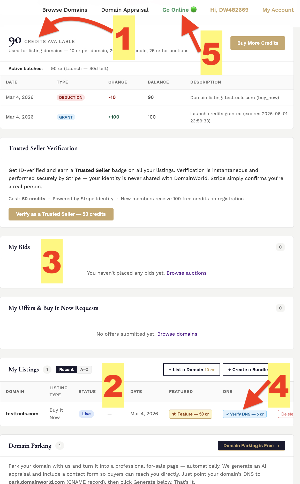 DomainWorld seller dashboard overview